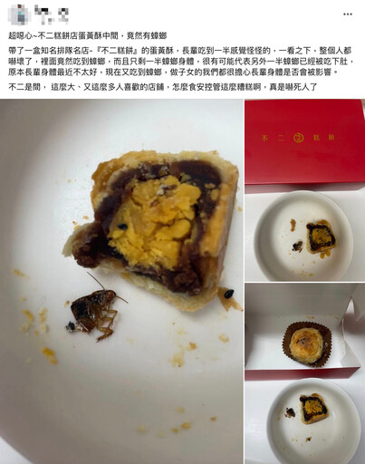 不二糕餅蛋黃酥遭爆內餡夾蟑螂 業者：完整包入的機率很低