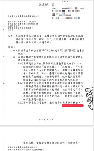 中華電信投資《零日》金額稱機密 王鴻薇痛批：戲劇圈超思案