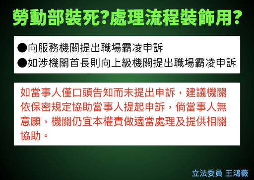 批勞動部調查霸凌自殺案拖2周 王鴻薇：謝宜容是土皇帝？