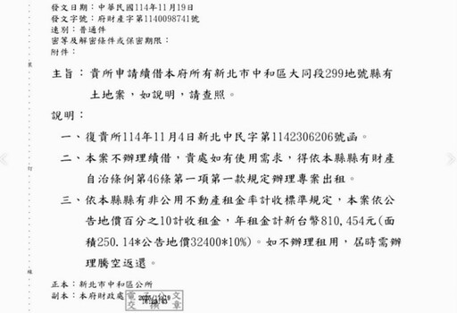 金門縣府討租81萬危及公園 張維倩籲新北市府爭取無償使用