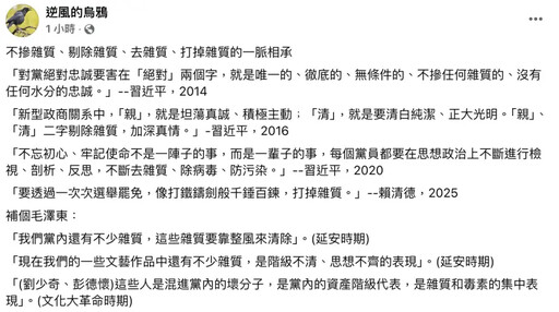 賴清德「雜質說」!他曝:中共領導人也常說