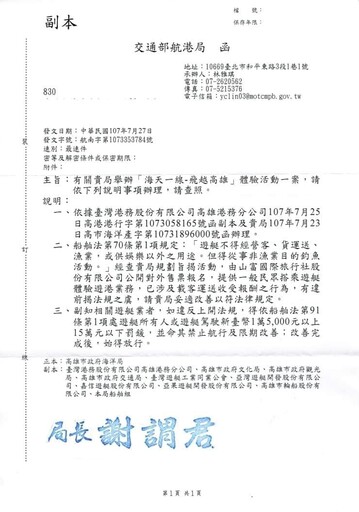 獨家／收錢推遊艇體驗有爭議 台南市府搬航港局公文背書