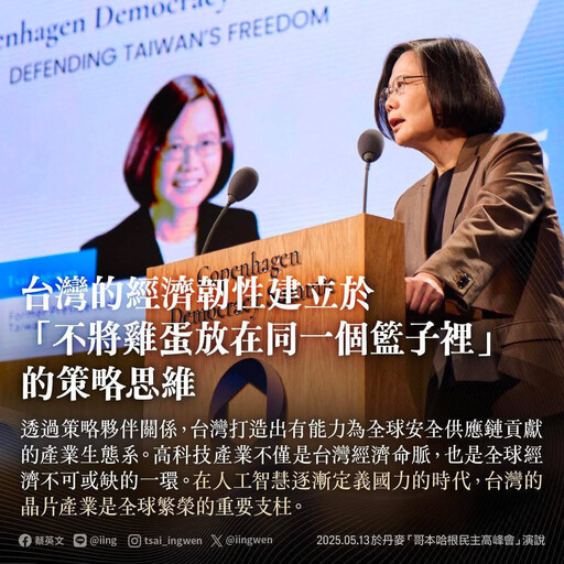 「哥本哈根民主高峰會」上演說 蔡英文:台灣經濟韌性建立於「不將雞蛋放同個籃子裡」