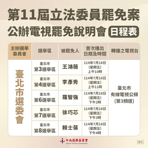 726投票倒數！中選會公布「電視罷免說明會」時程 這4區明天登場