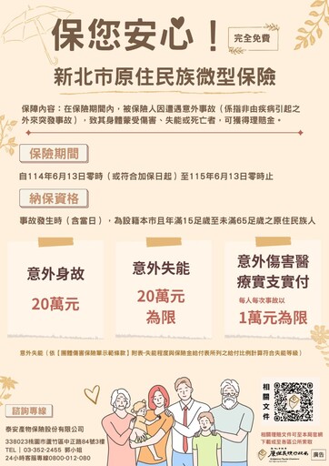 新北原民免費投保再升級 4.3萬人享雙倍意外保障