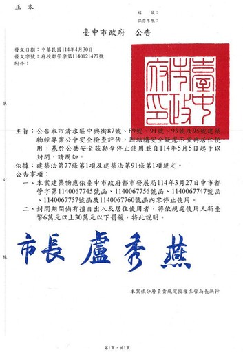 清水塌陷建物已屆改善期限 中市都發局：5/5執行封閉處分