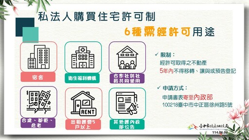 避免住宅短期炒作維護居住權益 禁私法人買受「台中市」超過4千萬住宅作為宿舍