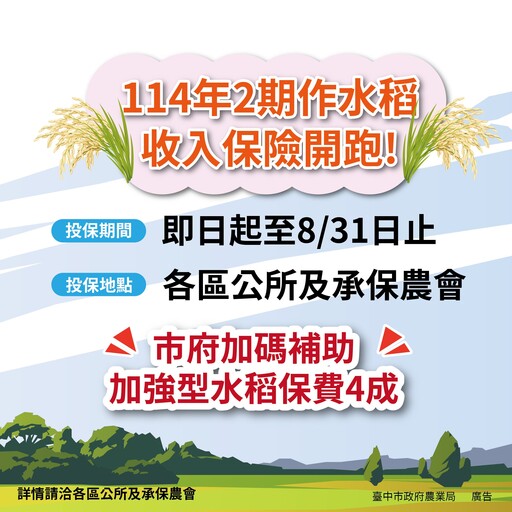 二期水稻收入保險開始投保 中市農業局加碼補助