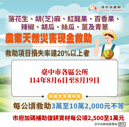 中市落花生、胡(芝)麻、紅龍果、百香果、辣椒、胡瓜、絲瓜、薑、青蔥及和平區水蜜桃災損 8/19前可申請現金救助