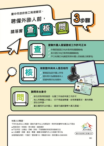落實「查、核、問」3步驟！ 中市勞工局呼籲雇主勿非法聘僱外國人