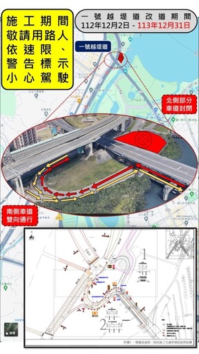 施工管障 二重疏洪道1號、5號越堤道改道延期