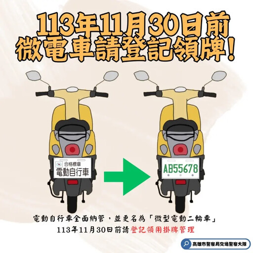 微型電動二輪車11月底前儘速掛牌以免受罰