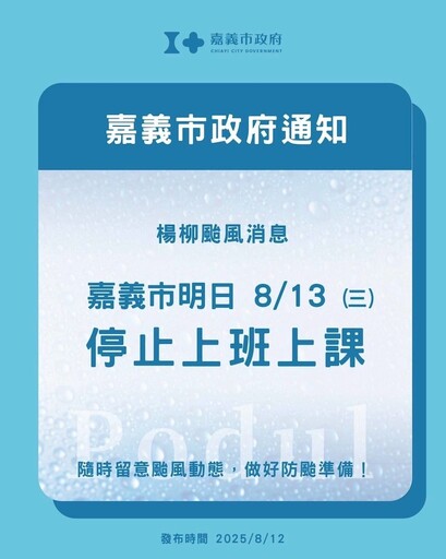 快訊/楊柳颱風來襲 嘉義縣、市8/13停班停課