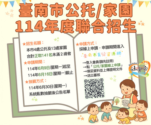 南市公托及家園即日起聯合招生 141個名額6/16前線上報名