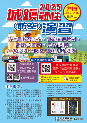 2025城鎮韌性演習7/15登場 實施交管請民眾進入防空避難處所避難