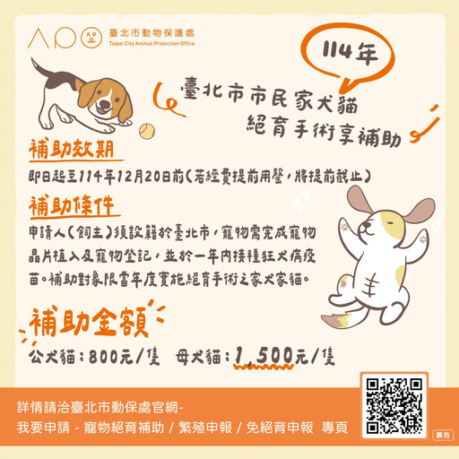 北市家犬貓絕育補助款還有354萬元! 動保處發送簡訊提醒飼主快申請