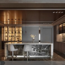專屬吧台營造時髦小酒吧氛圍，75 坪豪宅展現石材奢華與都市河岸美景