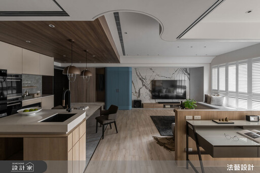 35坪現代低奢飯店風中古屋,弧形天花化樑柱問題實現質感四口之家