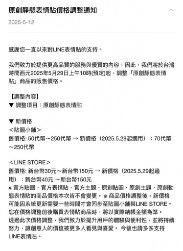LINE宣布「原創靜態表情貼」月底漲價!最低從50漲至70代幣
