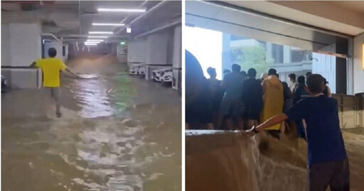 颱風凱米重創高雄！大樓地下車道成瀑布 住戶人牆抵擋水保愛車