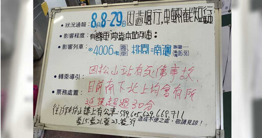 快訊／疑旅客跌落鐵軌 台鐵松山站「死傷事故」造成全線列車延誤