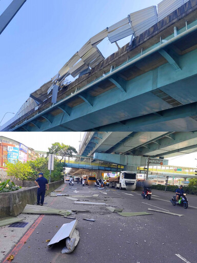 台65嚴重車禍!水泥車翻覆自撞護欄 隔音牆、燈桿全掉橋下