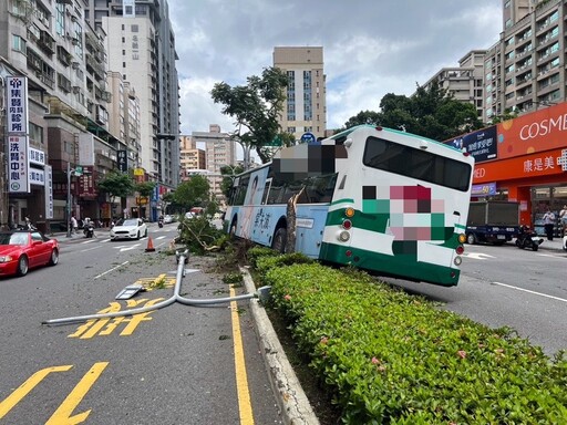 影/直擊！蘆洲公車高速衝上分隔島「掃倒整排樹」 疏散情形曝光