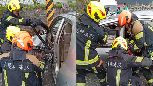 醫院前自撞電線桿！小客車撞爛變形 「駕駛一度受困」3人送醫