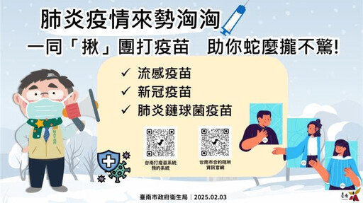 臺南市積極宣導施打流感疫苗，公費疫苗的使用率達99% 高於全國平均