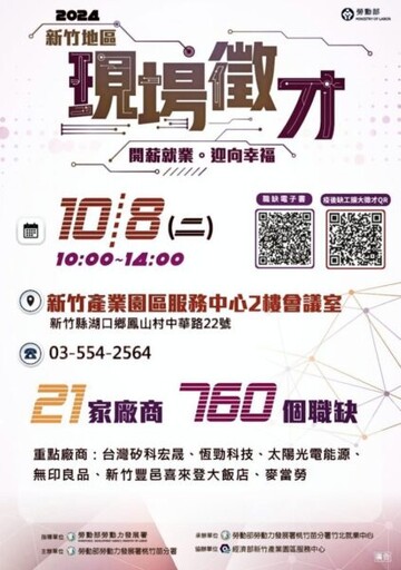 桃竹苗分署10/8辦新竹產業園區聯合徵才 邀21家廠商釋出760個職缺