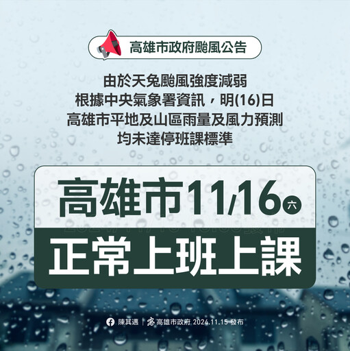 高雄明日正常上班課 市府預防性撤離552人應對天兔颱風