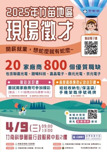 桃竹苗分署4/9竹南科學園區徵才邀20廠商釋出800多元職缺