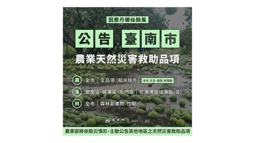 丹娜絲颱風衝擊 臺南市公告農產業受理救助申請