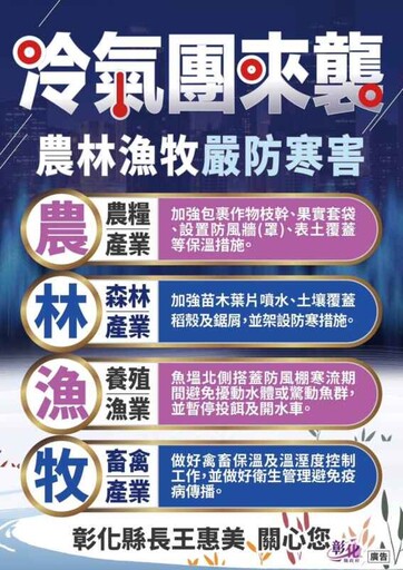 強烈冷氣團最低溫恐跌破10度 彰化縣府籲農林漁牧嚴防寒害