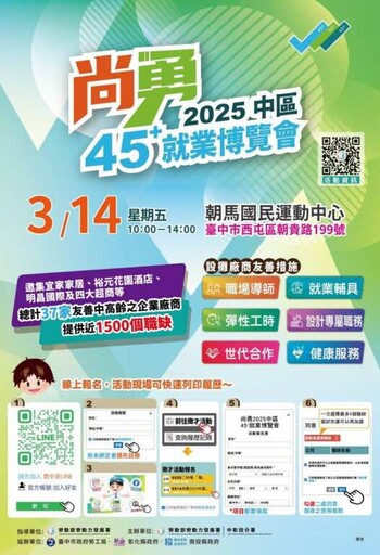 發掘人力寶藏！中彰投分署「尚勇2025中區45⁺就業博覽會」3/14登場