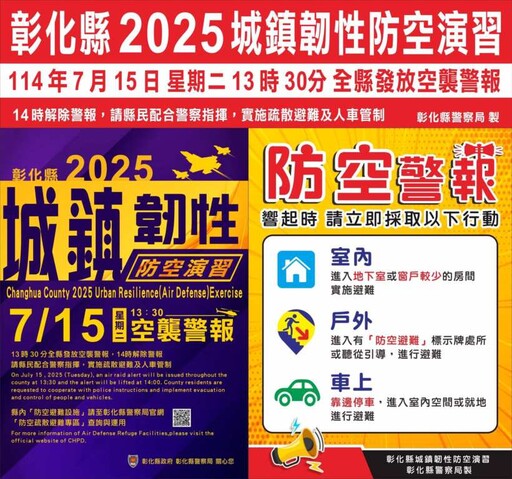 彰化縣城鎮韌性防空演習7/15發放防空警報 宣導縣民注意事項