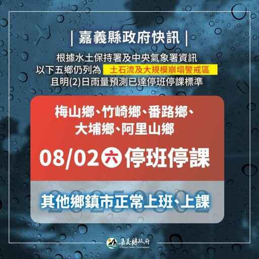 梅山、竹崎、番路、大埔及阿里山等5鄉 8/2 停止上班、上課