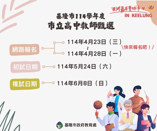 基隆教師甄選開跑 釋157缺額21日開放報名