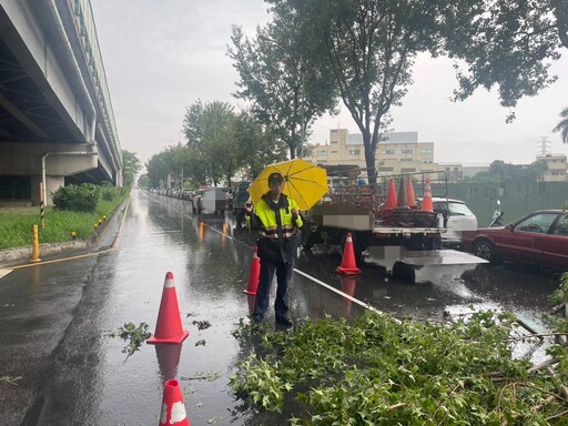 路樹倒塌砸兩車、烏日警冒雨疏導交通並協助排除險情