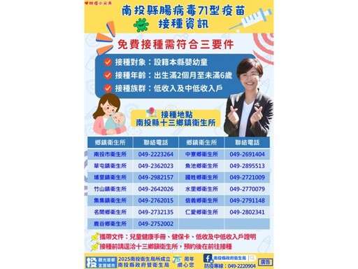 護童安全！南投縣首推弱勢家庭幼兒腸病毒71型疫苗補助