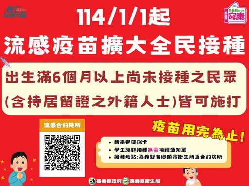 114年起流感疫苗擴大全民接種 請把握最後1萬劑機會