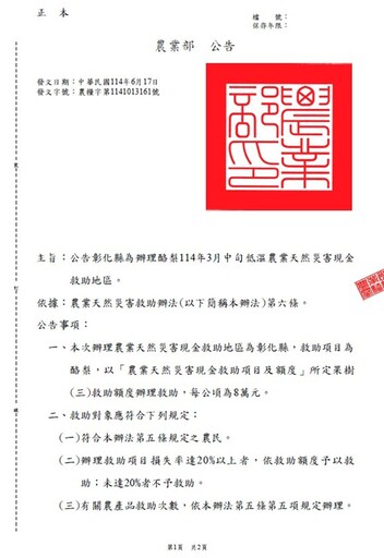 彰化縣辦理酪梨低溫天然災害現金救助 申請救助農民向土地所在公所申報