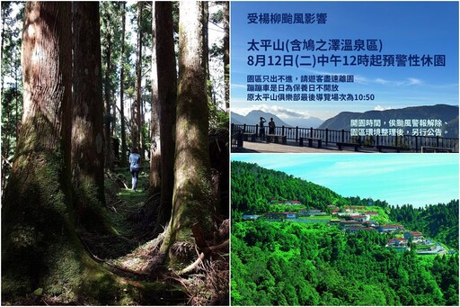 因應楊柳颱風來襲 太平山及自然步道8/12中午起休園及封閉