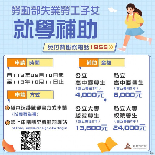 竹市113學年度第1學期失業勞工子女就學補助 受理申請至10月11日