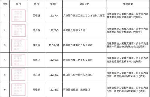 桃園酒駕累犯+15 姓名、正面照大公開