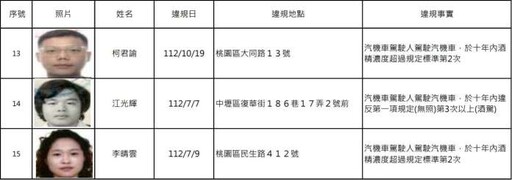 桃園酒駕累犯+15 姓名、正面照大公開