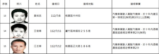 桃園酒駕累犯+15 姓名、正面照片公開