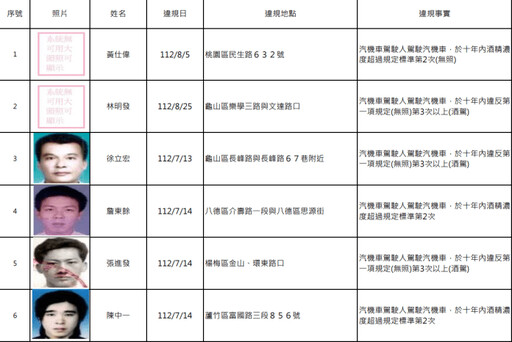 桃園酒駕累犯再增15人 姓名、正面照大公開