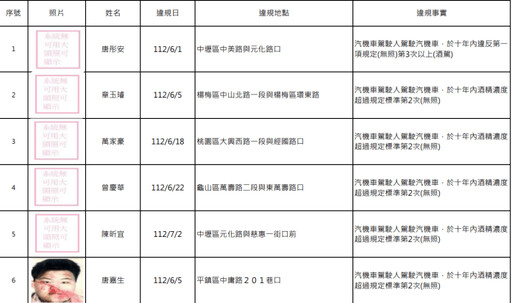 桃園酒駕累犯+15 交裁處公布姓名、照片