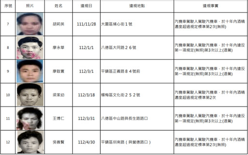 桃園酒駕累犯再添15人 姓名、正面照曝光